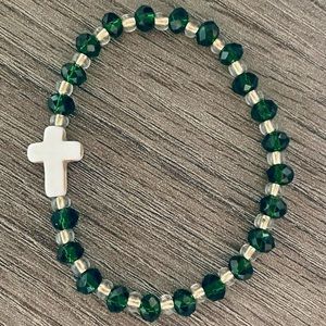 Cross Bracelet Handmade beaded stretch w/ glass fashion beads & stone cross